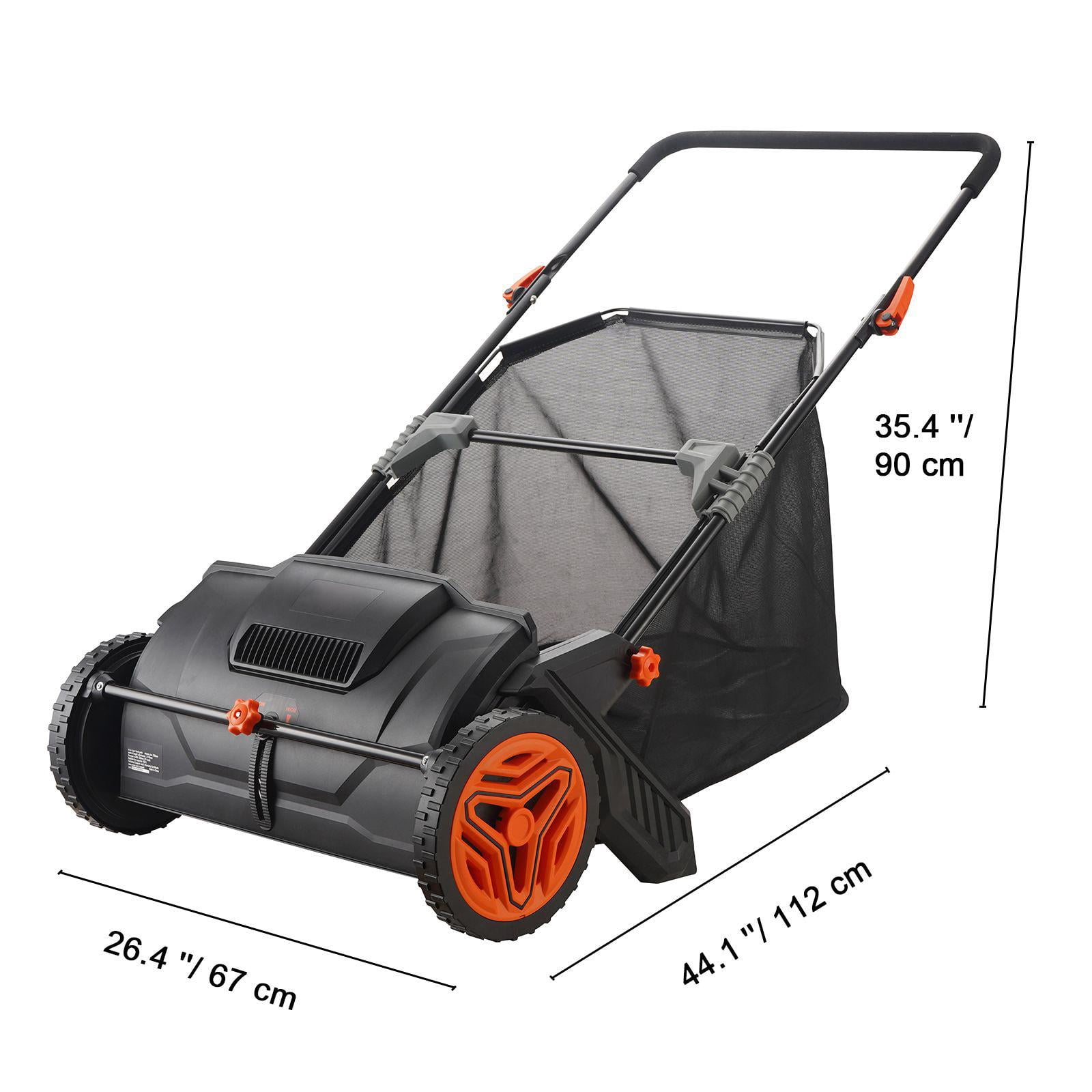 21 Inch Push Lawn Sweeper with 3.5 Cubic Foot Mesh Bag Heavy Duty Steel Construction Plastic Wheels Rotating Brushes