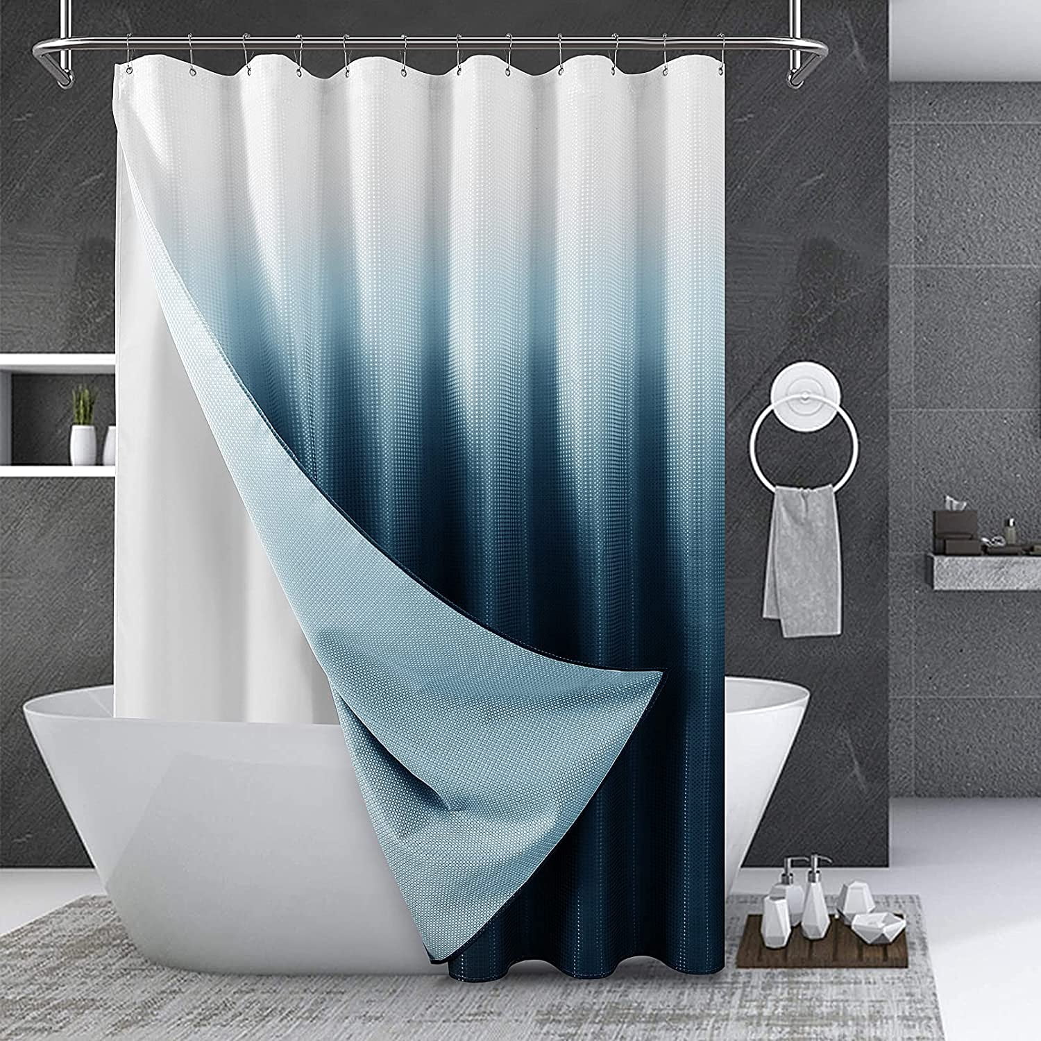 Shower Curtain Ombre Blue Shower Curtain Set with Snap-in Liner Waffle ...