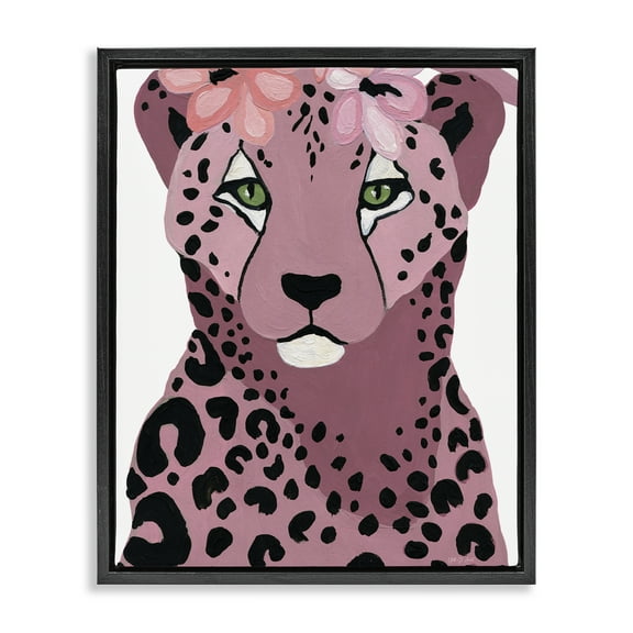 Stupell Industries Cheetah with Pink Blossoms Animals & Insects Painting Black Floater Framed Canvas Art Print Wall Art, 17 x 21