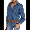 thumbnail image 3 of Blusa de Mujer con Mangas Largas Abullonadas, Cuello en V, Botones, Encaje Calado y Bordado Azul Gris L, 3 of 10