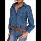 thumbnail image 3 of Blusa de Mujer con Mangas Largas Abullonadas, Cuello en V, Botones, Encaje Calado y Bordado Azul Gris M, 3 of 10