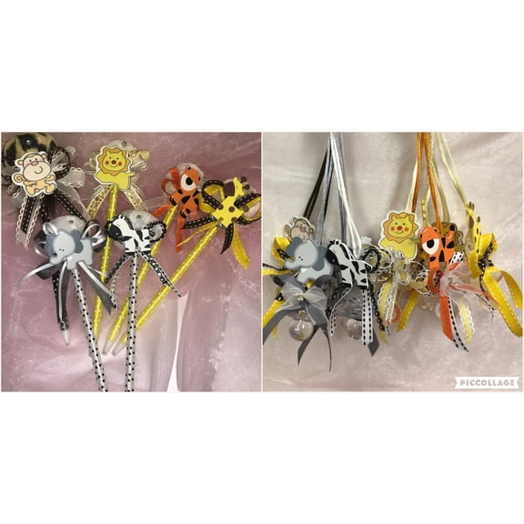 Charmed Safari Theme Baby Shower Cute Party Favors; Mix 6 animals; Necklace and Pens; 24 pieces