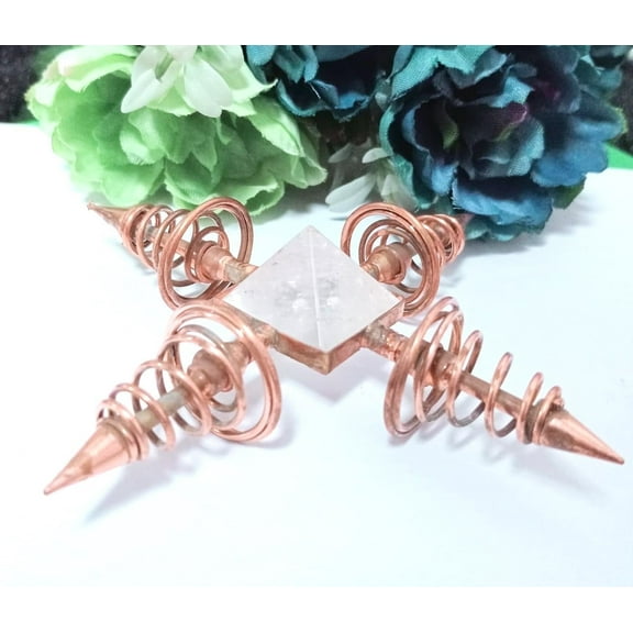 Jet International Handcrafted Exquisite Plated Copper Coil Crystal Quartz Pyramid Energy Generator 4 Points Healing Reiki Chakra Balancing