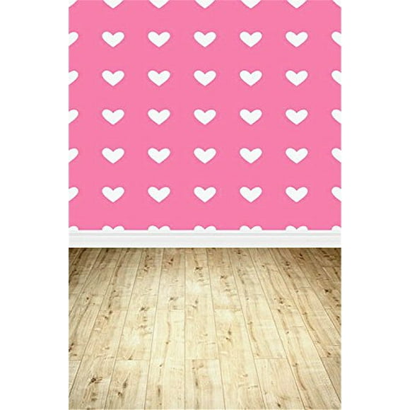XDDJA Polyester Fabric White Heart Pink Wall Light Brown Wood Backdrop for Photography 5x7ft Background Cloth for Photo Studio Props