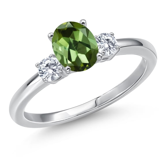 Gem Stone King 14K White Gold Green Tourmaline and Moissanite Engagement Ring for Women | 0.90 Cttw | Oval 7X5MM | Gemstone October Birthstone | Size 5