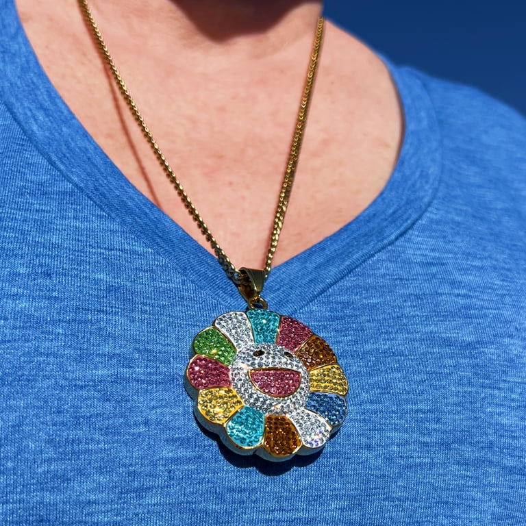 アクセサリー sunflower Rainbow Flower Happy Face CZ Sunflower Pendant Gold Plated