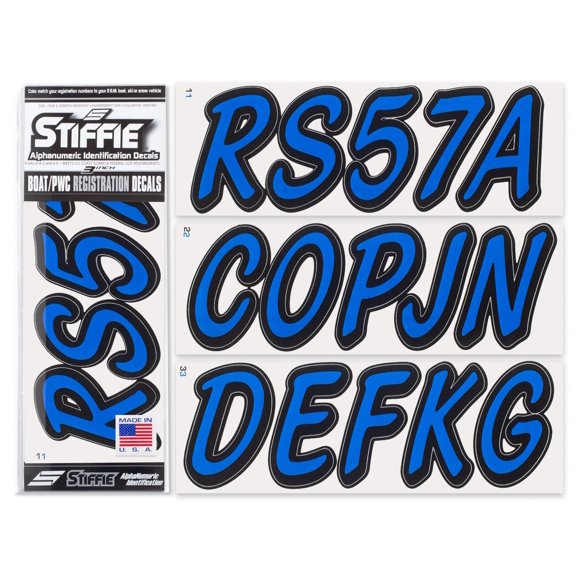 STIFFIE Whipline Solid Blue/Black 3" Alpha-Numeric Registration Identification Numbers Stickers Decals for Boats & Personal Watercraft