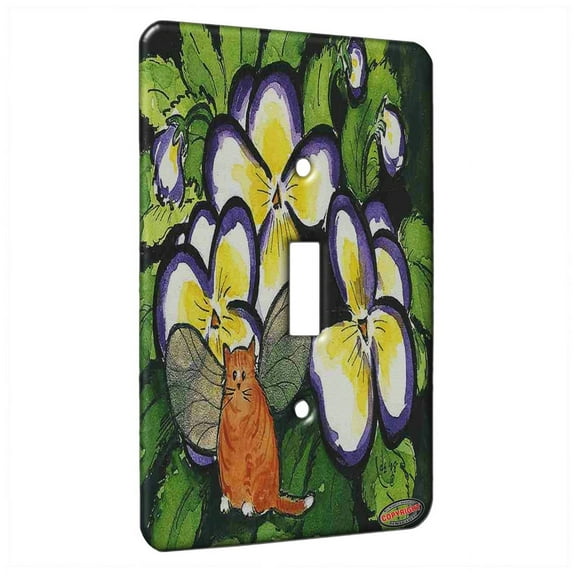 KuzmarK™ Single Gang Toggle Switch Wall Plate - Tiny Ginger Kitty Fairy with Pansies Fantasy Fairy Cat Art by Denise Every
