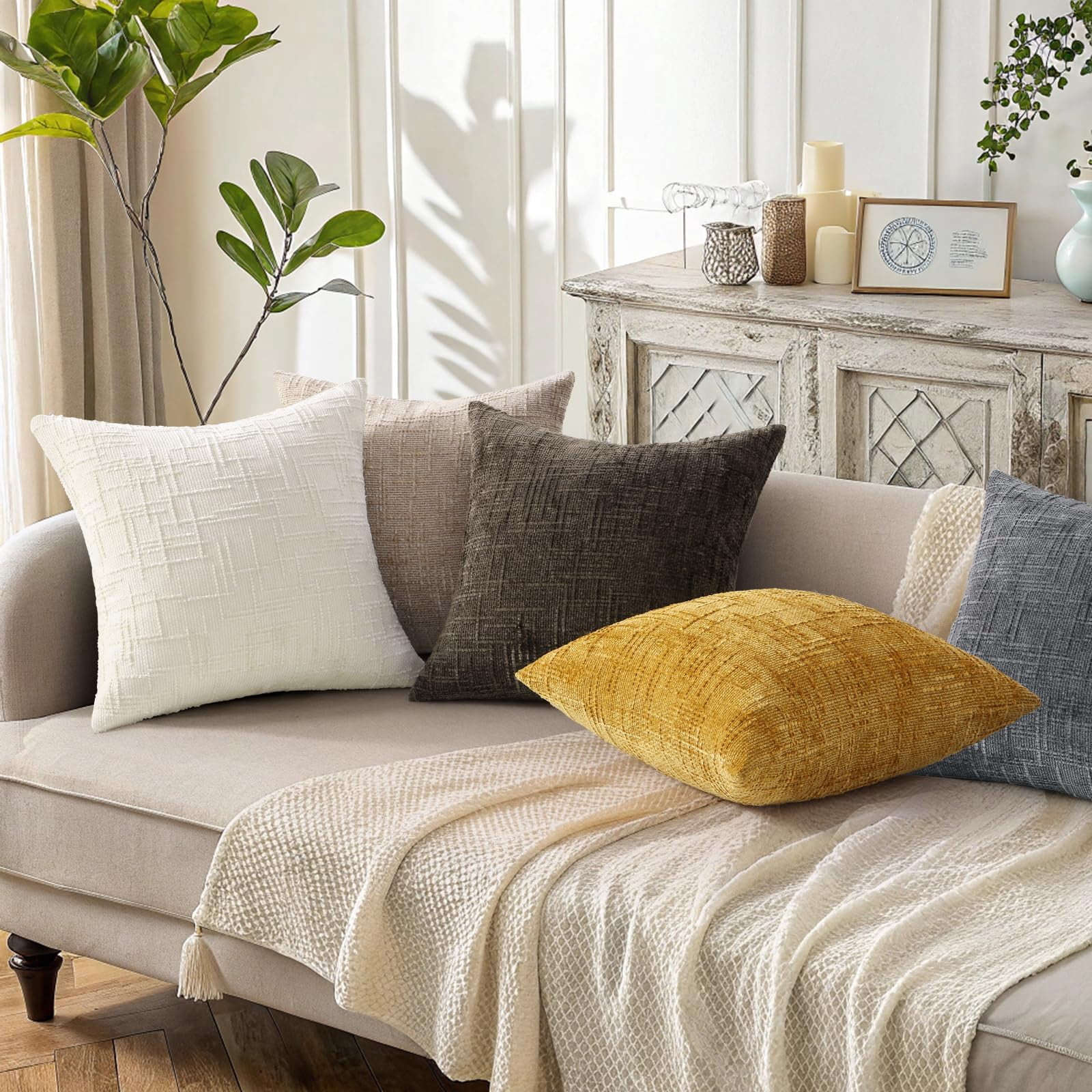 HAPPINESS Chenille Throw Pillow Covers 20x20 Set of 2 Thick Textured Slubby Couch Pillow Covers Farmhouse Accent Modern Neutral Decorative Pillow Cases for Bed Sofa Living Room