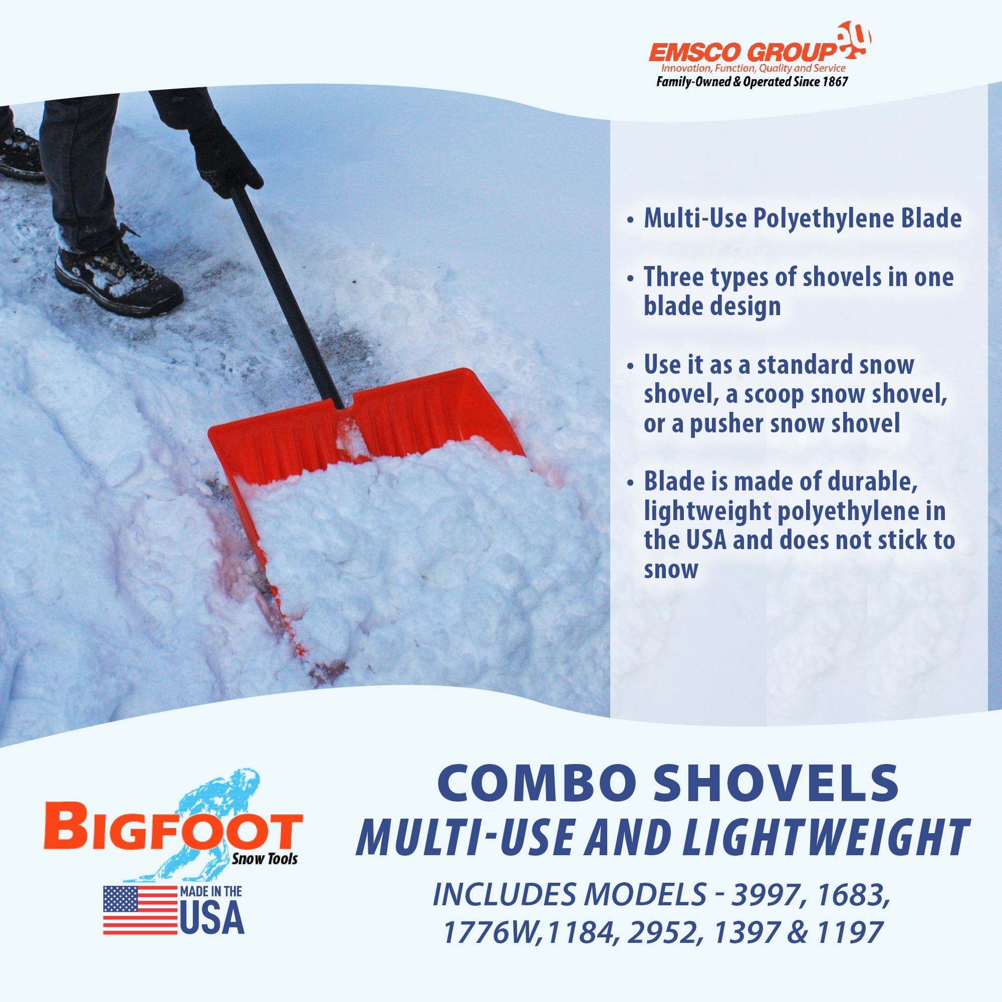 Bigfoot 18" Combination Snow Shovel – Multi-Use Blade Dozer Design with Metal Handle by EMSCO