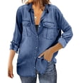 thumbnail image 2 of Women Button Down Denim Shirt Long Sleeve Roll Up Casual Oversized Jean Jacket Distressed Tunic Top, 2 of 5