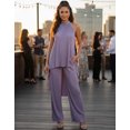 thumbnail image 4 of Moomaya Women's Satin Plisse Halter Neck Co-Ord Set - Pleated High-Low Tunic Top With Elastic Waist Pants & Pockets, 4 of 6