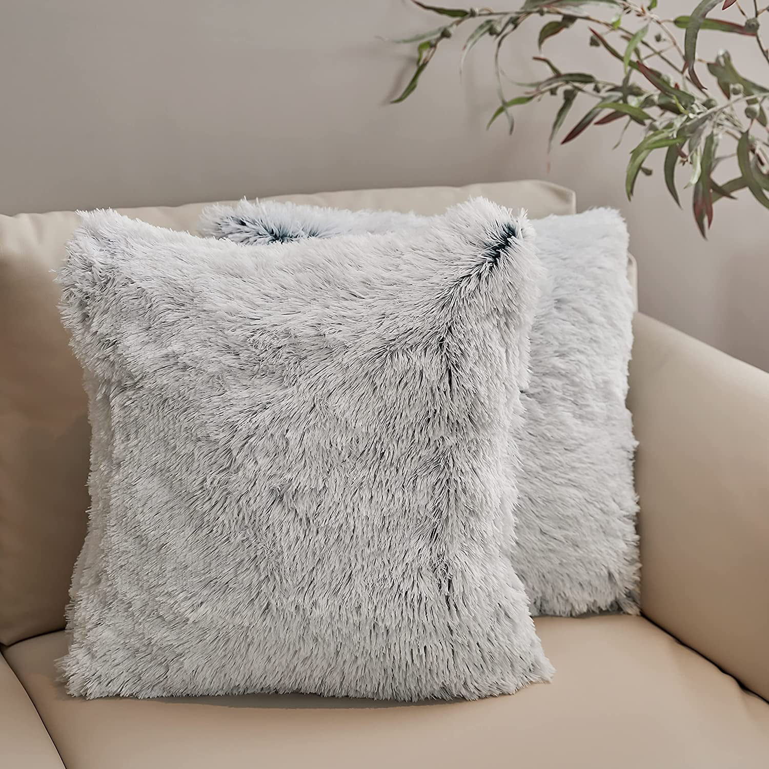 Set of 2 Shaggy Long Hair Throw Pillows - Super Soft and Plush Faux Fur Accent  Pillows 