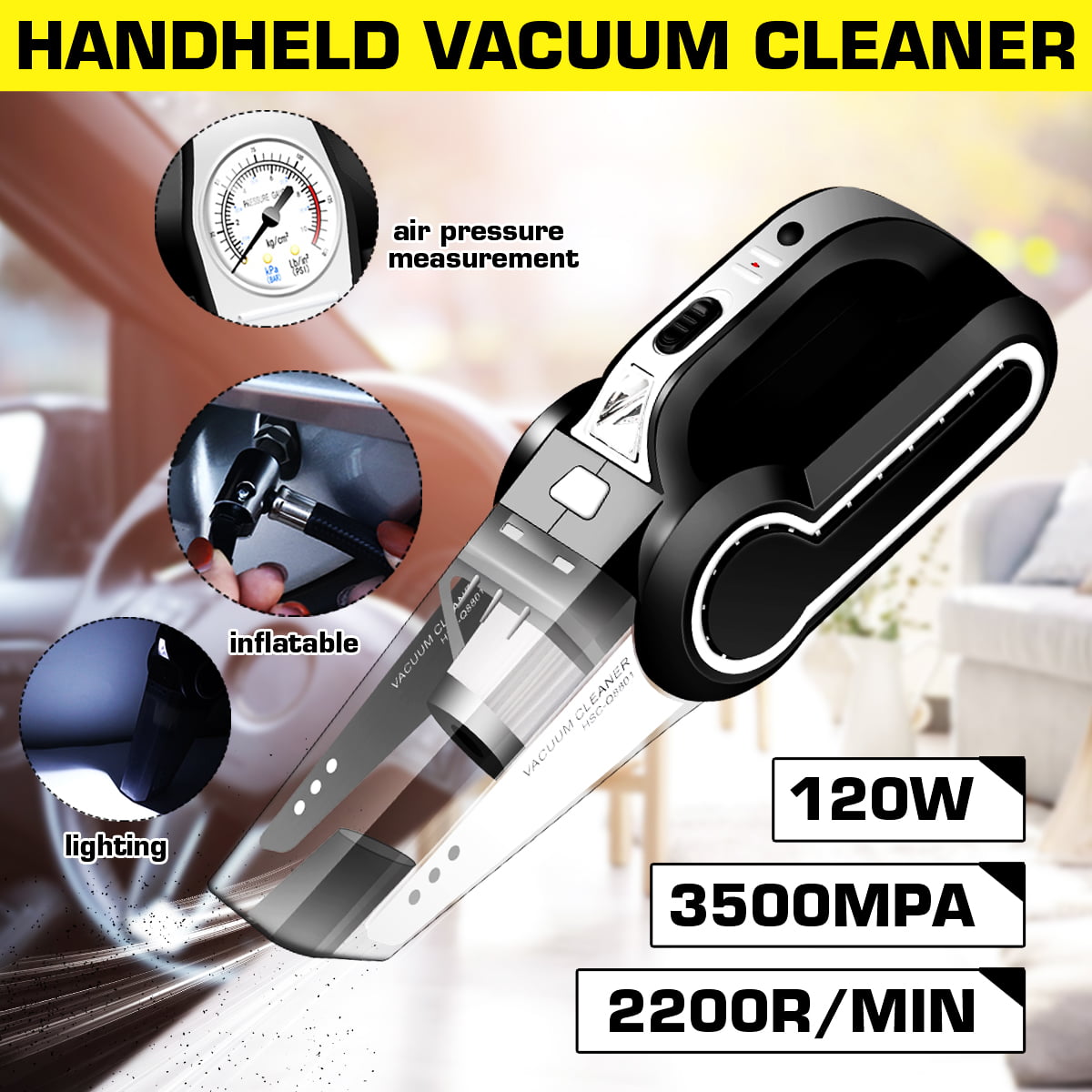 DC 12V 6000PA High Power Vacuum for Car Cleaning Wet/Dry Use Tire Pressure Gauge and Car Inflator Portable Car Vacuum Cleaner Multifunction Handheld Car Vacuum with Searchlight
