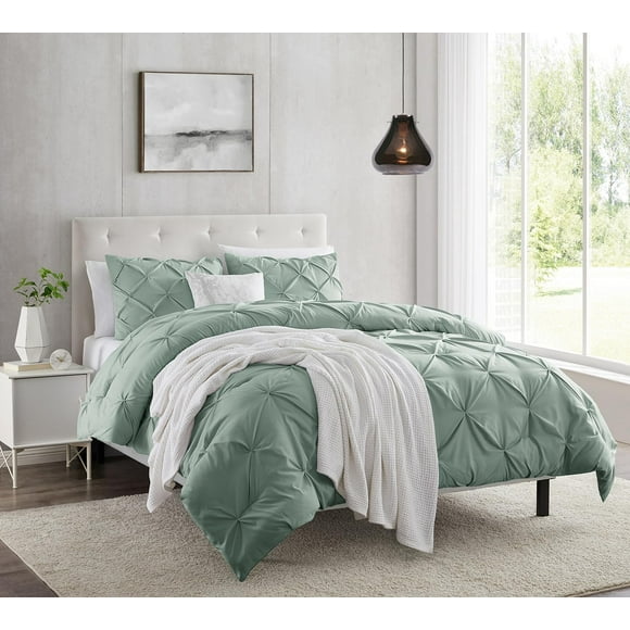 Green Duvet Cover Queen Size - Pintuck Queen Duvet Cover Set, 3 Piece Double