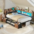 thumbnail image 6 of Upholstered Corner Bed Frame with Storage, 14''H Under LED Daybed Frame with Pull-Out Cabinet and Charging Station & 6 Drawers Underneath for Living Room,Bedroom & Guest Room, Black & Vintage Brown, 6 of 11