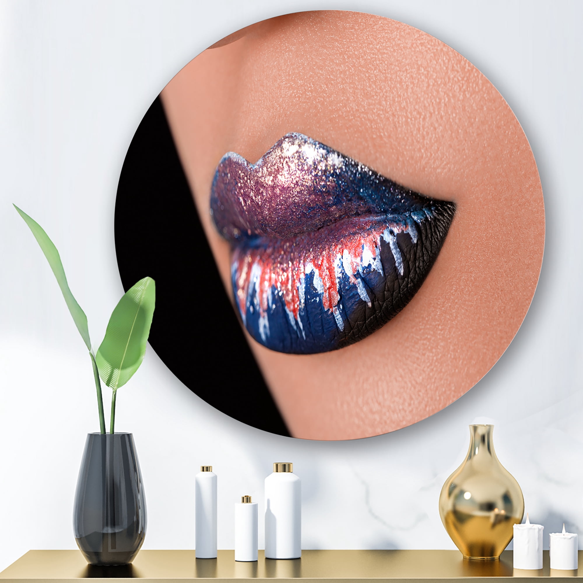 Designart 'Fashion and Creative Make Up On Woman Lips' Modern Circle Metal Wall Art 23x23 - Disc of 23