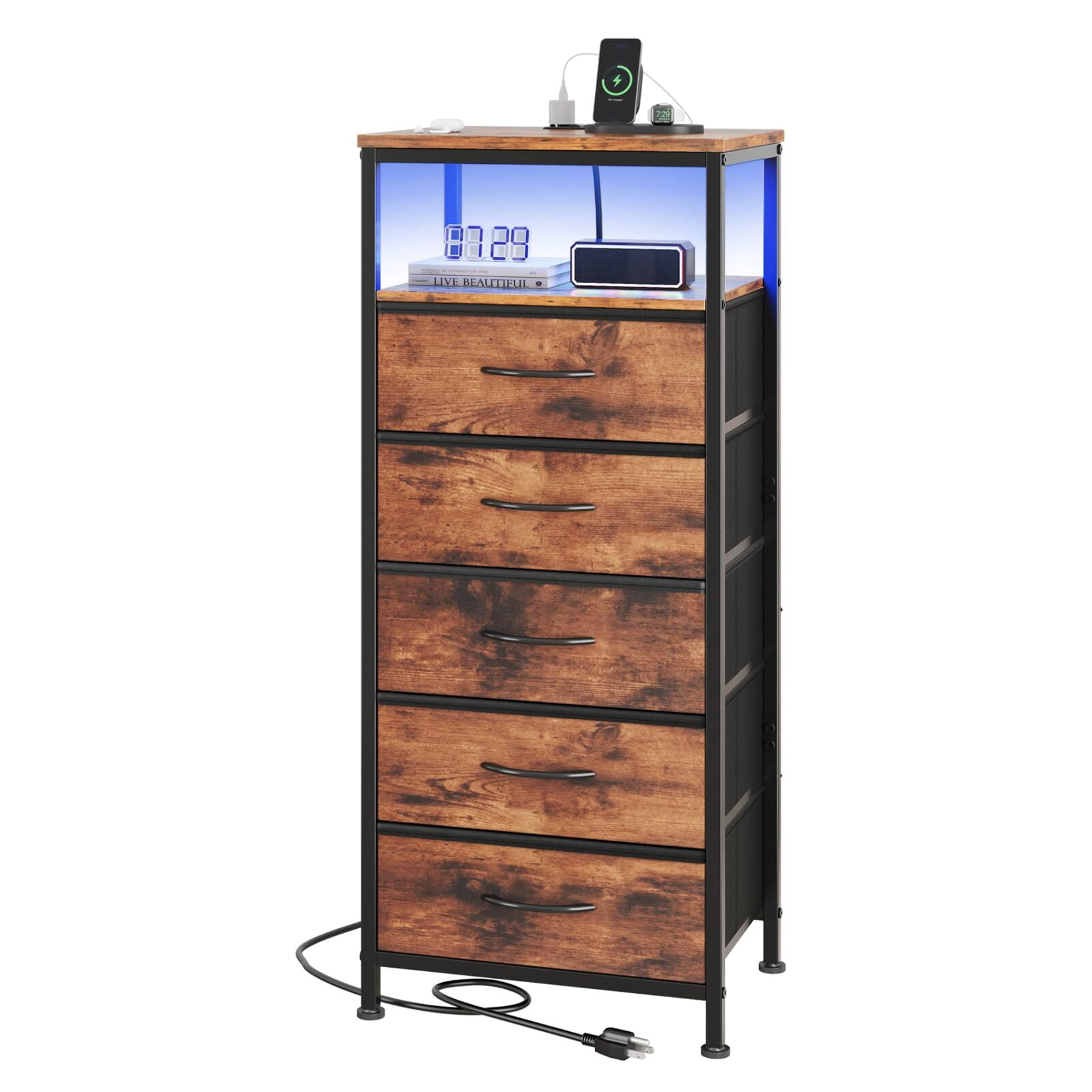 Kelno 5-Drawer Nightstand with Charging Station AC Outlets LED Light Dresser Bedside Table, Rustic Brown