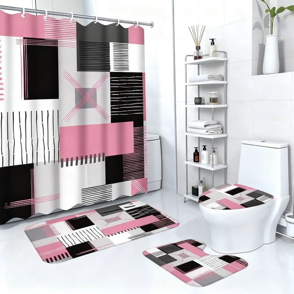 NIUBIER 4Pcs Pink Shower Curtain Sets with Non-Slip Rugs, Toilet Lid Cover and Bath Mat, Black and Pink Bathroom Decor Set Accessories Fabric Waterproof Shower Curtains with 12 Hooks, 70.8x 70.8 Inch
