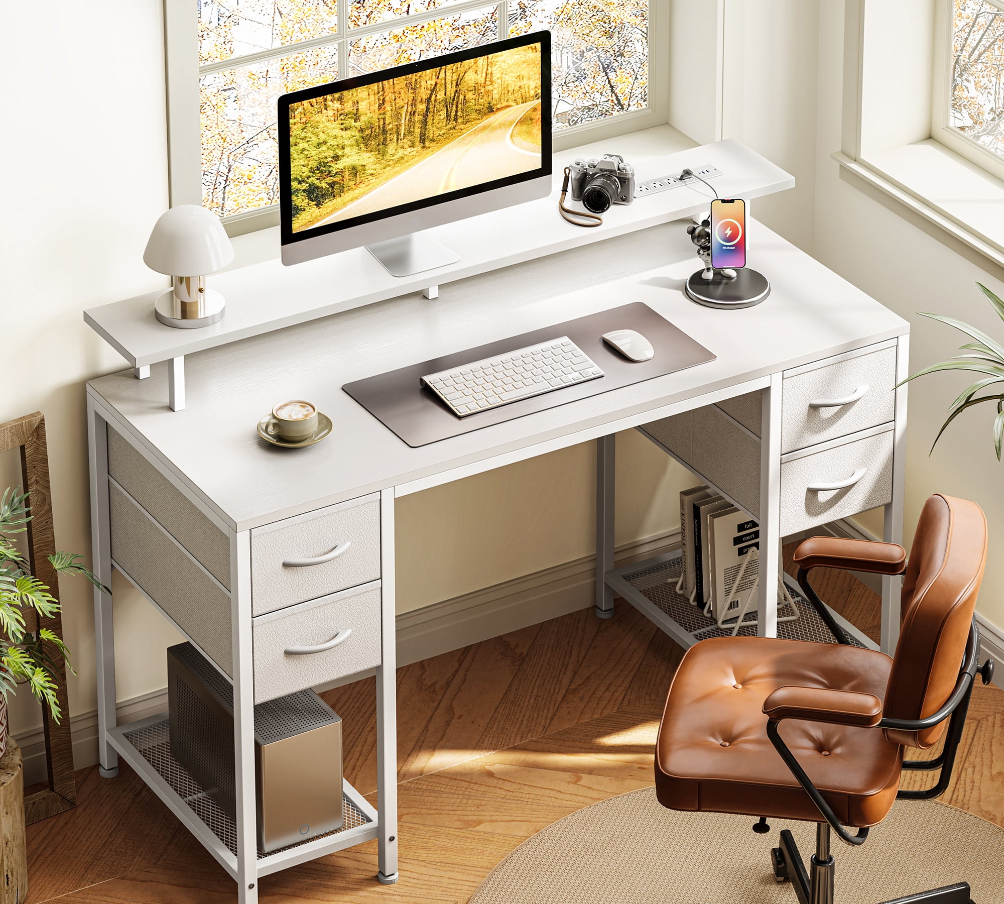 Amadwell 47" Gaming Computer Desk with LED Lights, Power Outlets, Home Office Writing Desk with 4 Drawers, White