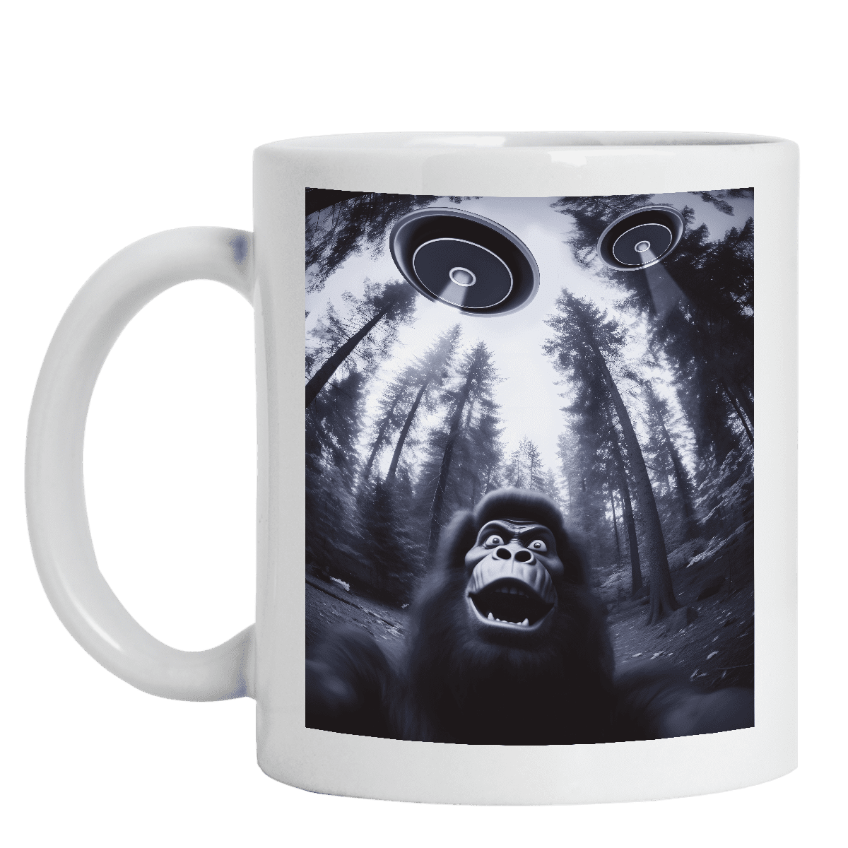 Lotusprinthandmade Funny Bigfoot Sasquatch Alien UFO White Ceramic Mug (15oz) (Made In US), Humorous Bigfoot and Alien Coffee Cup, Quirky UFO Design Mug