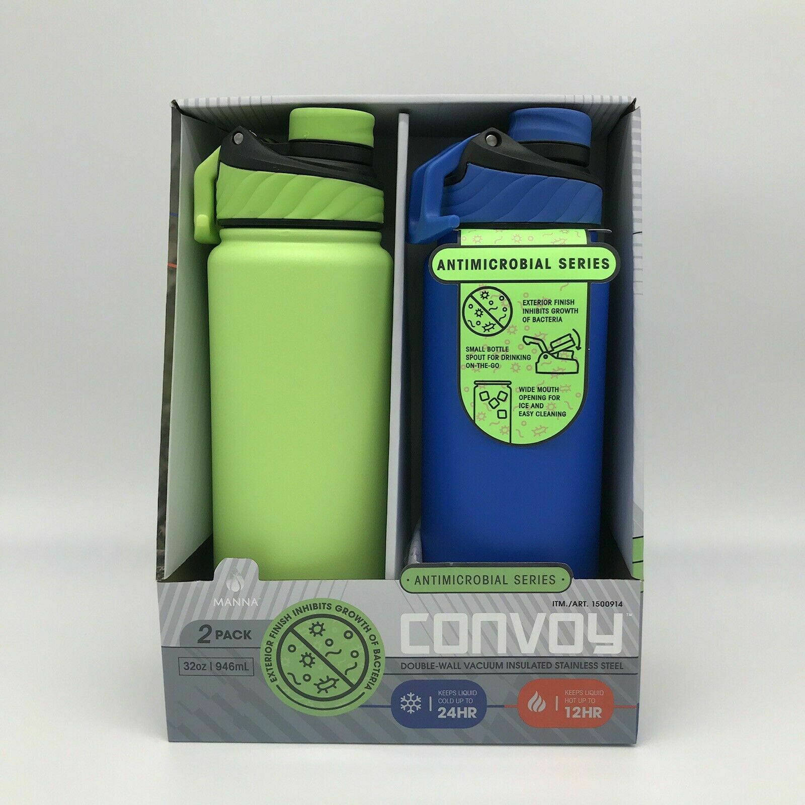 Manna Double-Wall Vacuum Insulated Stainless Steel Convoy 32oz Water Bottles. 