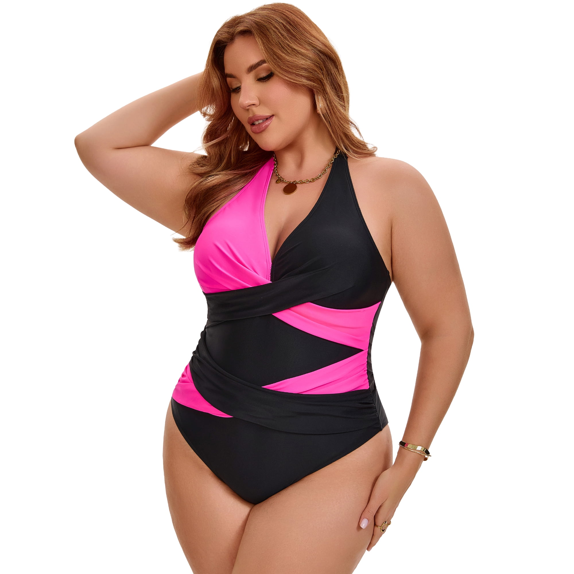 DARING DIVA Women's Plus Halter Criss Cross Backless 1 Piece Bathing Suit L Pink