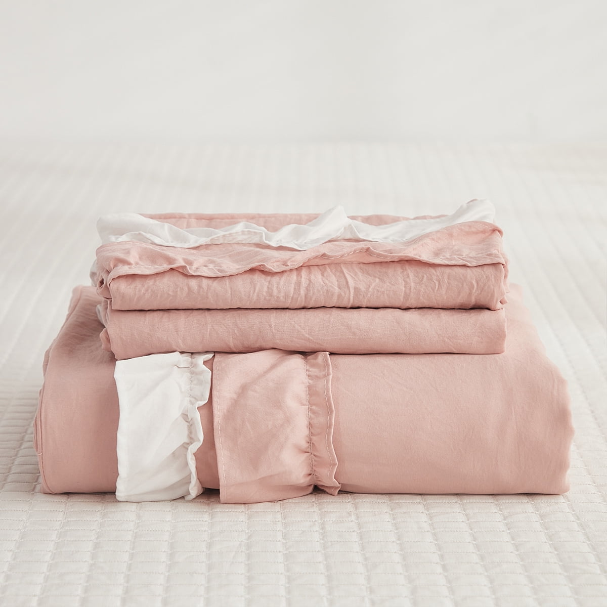 100% Washed Cotton Pink and White Ruffled Duvet Cover Set Twin Size with Zipper Closure & Corner Ties