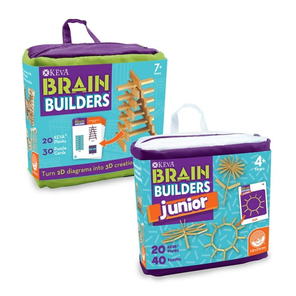 MindWare KEVA Brain Builders Set of 2: Original KEVA Brain Builders and KEVA Brain Builders Junior - Great Addition to STEM Building Toys and Classroom Games - 40 Planks & 70 Puzzles Total