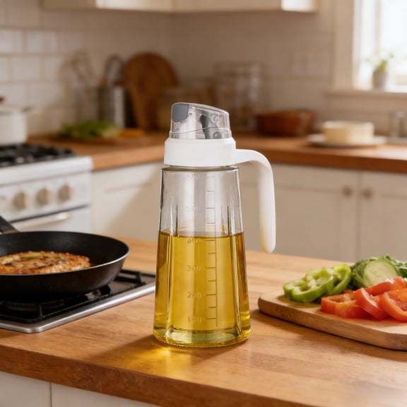 630ML Glass Oil Dispenser Bottle, Leakproof Automatic Flip Kitchen Oil Container, Non-Slip Handle Olive Oil Dispenser with Stopper for Cooking, Gray