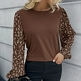 thumbnail image 3 of Women Blouse Small Floral Splicing Round Neck Long Sleeve Loose Hem Puff Sleeve Pullover Leisure Shirt Top Brown XL, 3 of 6