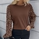 thumbnail image 3 of Blusa de Mujer Pequeño Empalme Floral Cuello Redondo Manga Larga Dobladillo Suelto Manga Puff Jersey Camisa de Ocio Top Marrón XL, 3 of 6