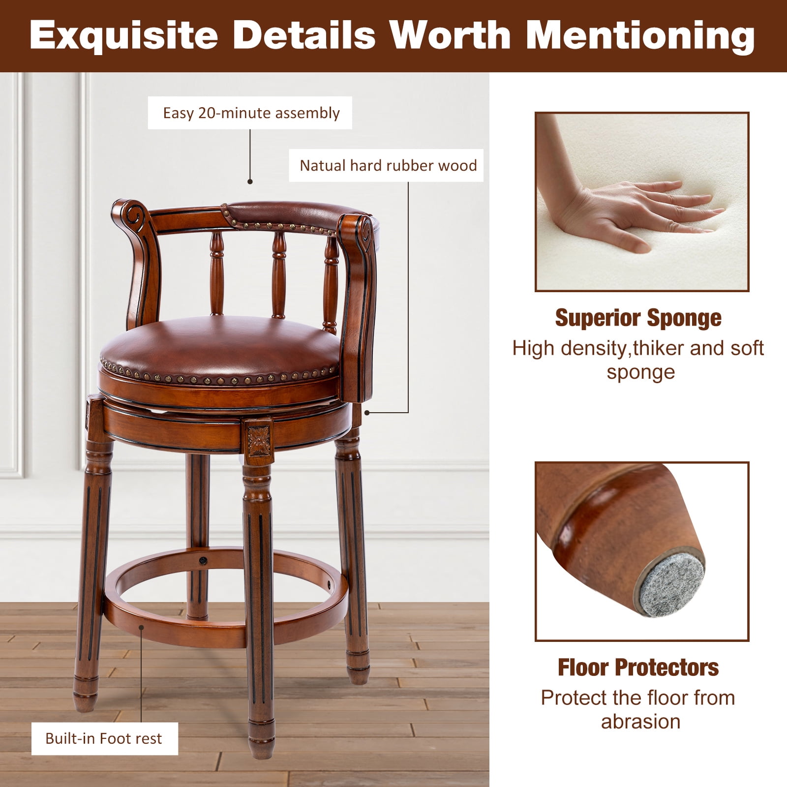 Aulife 2pcs Bar Stools Genuine Leather Counter Height barstool Wooden Swivel kitchen Stool with Footrest for Kitchen Dining Room