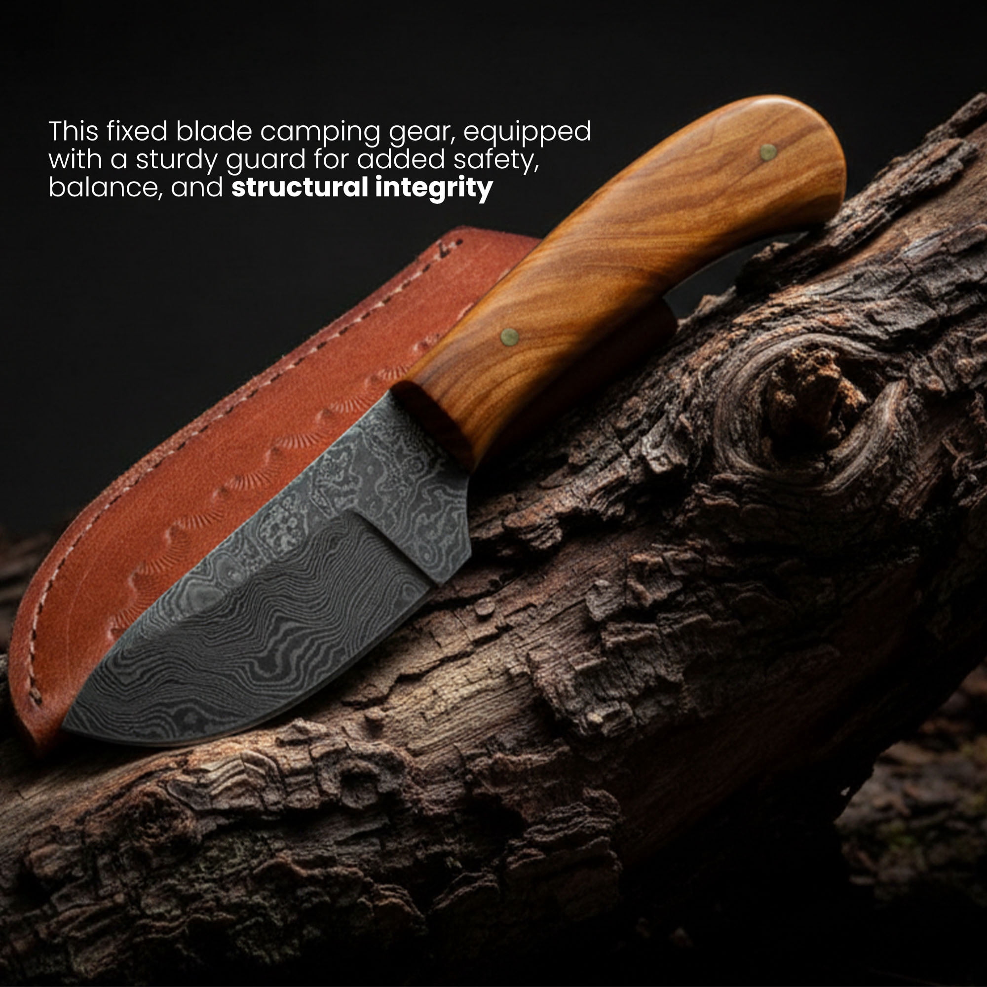 SANZ 6" Short Olive Skinner Hunting Knife Damascus Steel Blade Olive Wood Handle with Leather Sheath Pocket Knife for Camping, Hunting & Outdoor