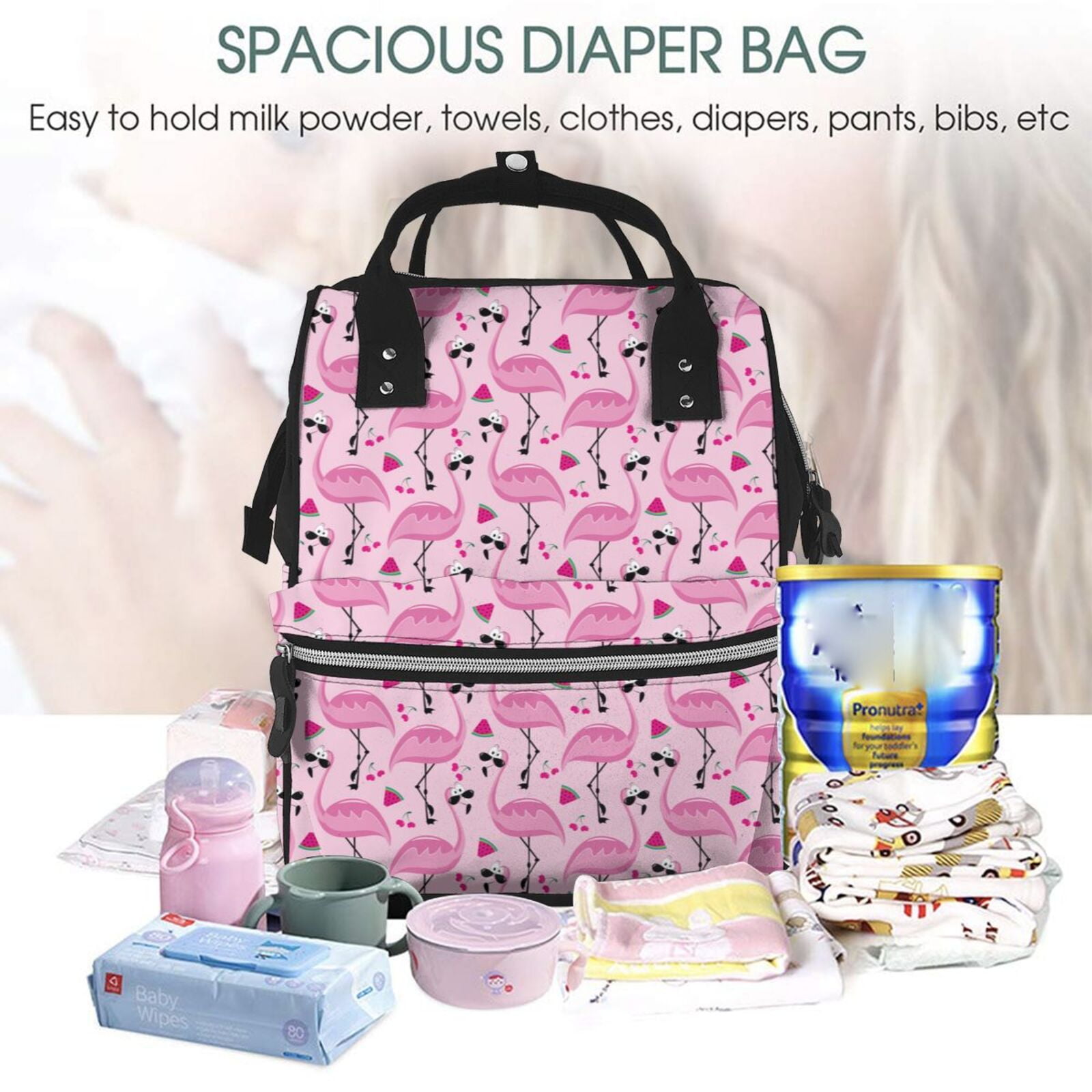 Ratiio Cool Flamingos Mummy Backpack - Waterproof Twill Canvas, Large Capacity Diaper Bag with Multiple Pockets and Adjustable Straps