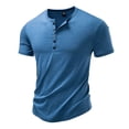 thumbnail image 4 of Men Short Sleeve 100% Cotton Henley T-Shirt Casual Solid Color Button-up Shirt Tee Tops Blue, 4 of 9