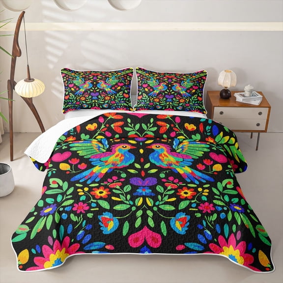 Homewish Rainbow Hummingbird Twin Quilt Set,Colorful Plant Flowers Blossom Twin Coverlet Set,2-Piece