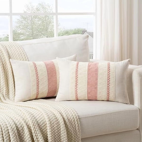 Pillow Cover Set of 2 Boho Pink Long Lumbar Decorative Throw Pillow Cover 12x24 Inch for Couch Bed Sofa Chair, Modern Organic Farmhouse Home Decor, Soft Cotton Cute Accent Rectangle Cushion Case