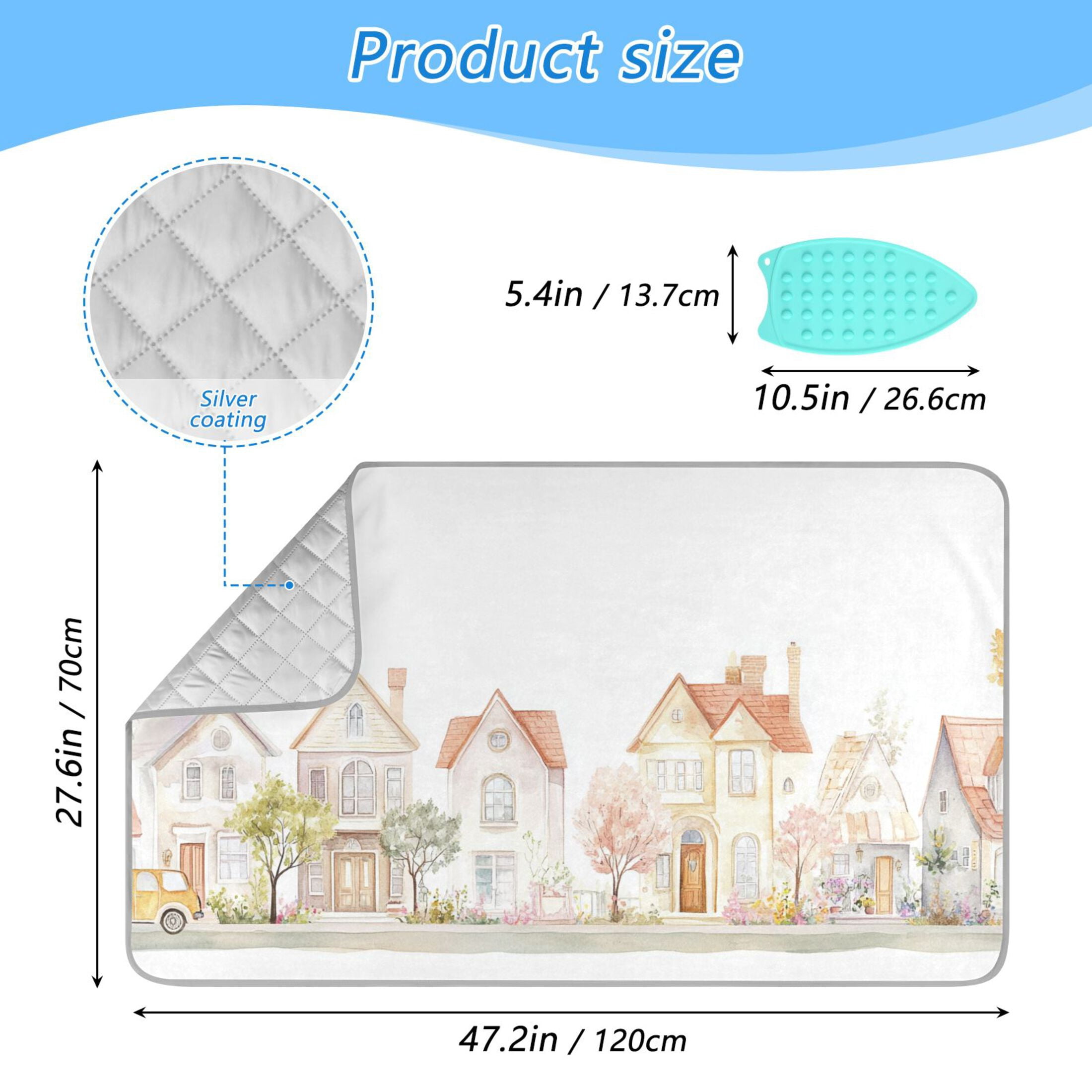 Watercolor Pastel Houses Trees Flowers Car Ironing Mat Blanket Portable Travel Ironing Pad Heat Resistant Pad 47.2" x 27.6”