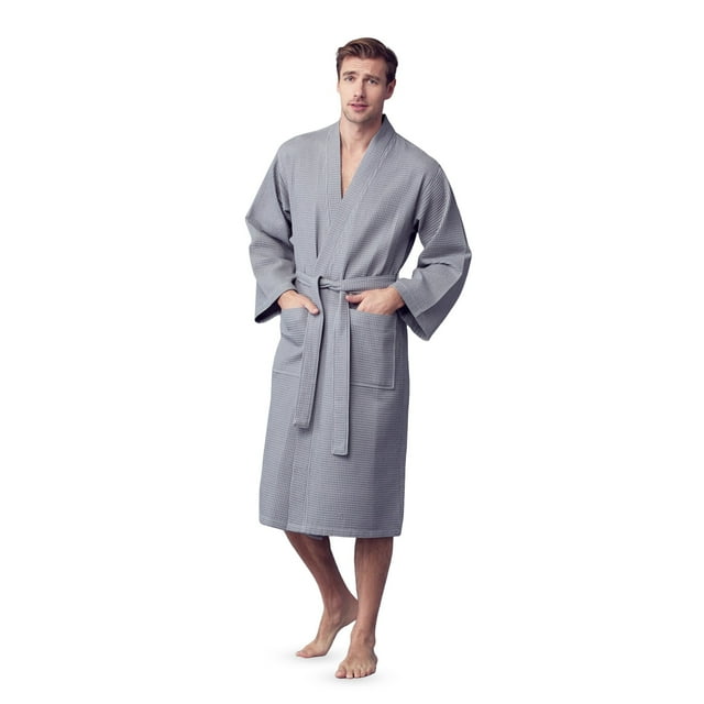 Bath Robe with Slipper Set - Waffle Square Pattern Spa Garment with 2 Front Pockets, Flat Collar & Belt - 60% Cotton and 40% Polyester Blend - Absorbent, Breathable, Lightweight & Soft Fabric for Men