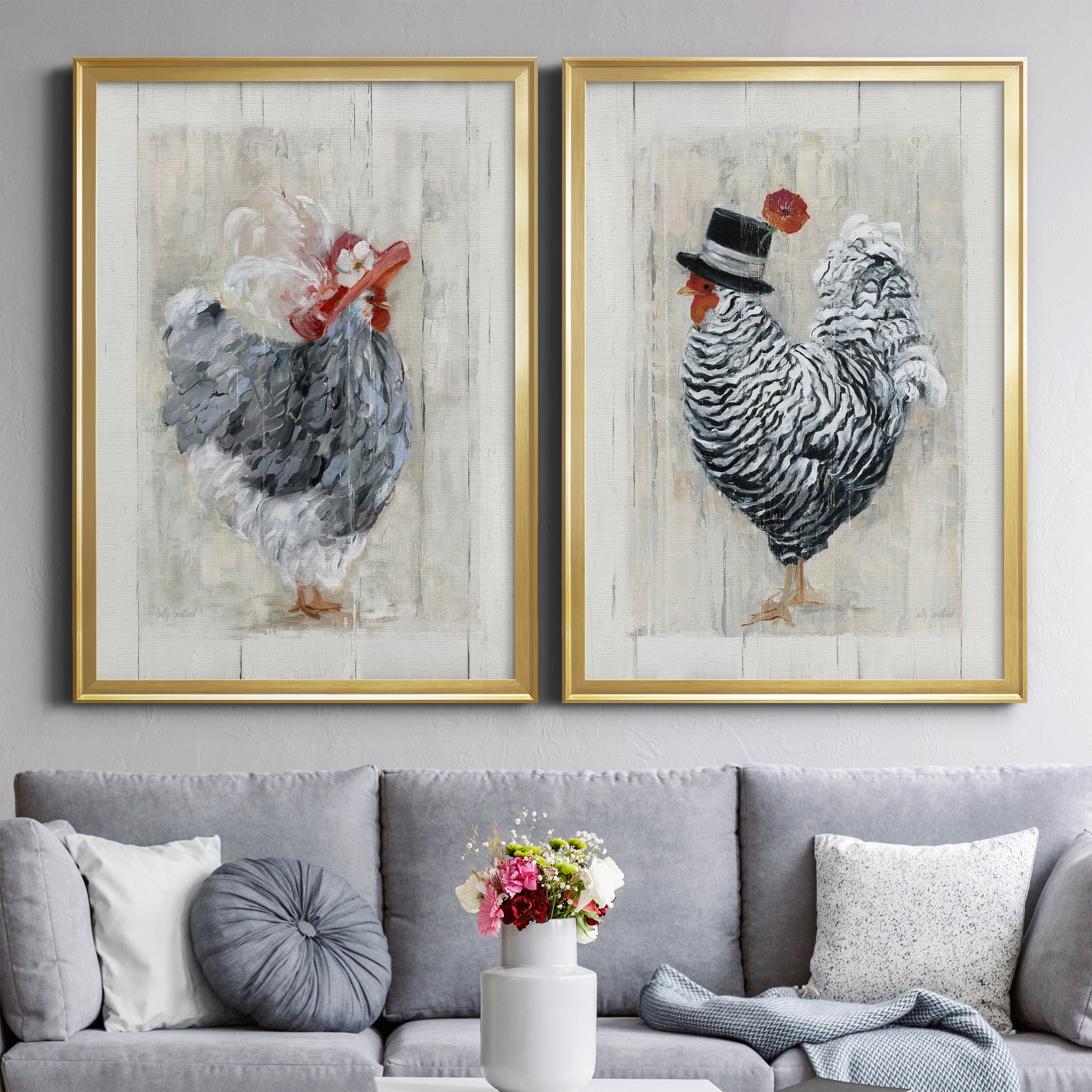 2 Piece Set Sunday Best Hen Premium Framed Canvas - Ready to Hang - 26.5 x 36.5 Each - Gold Frame