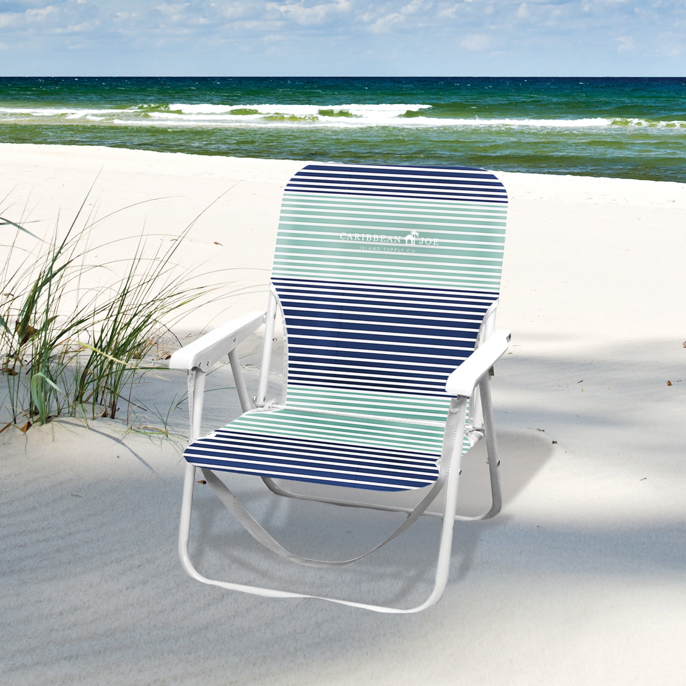 Caribbean Joe Silla de playa plegable, mochila portátil de 5 posiciones,  silla de camping plegable con reposacabezas, portavasos y reposabrazos,  azul