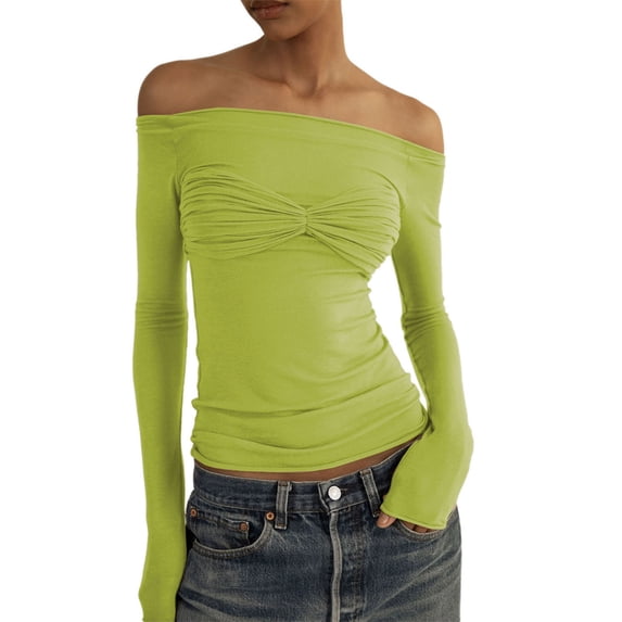 Nituyy Women's Off Shoulder Mesh T-Shirt Solid Ruched Long Sleeve Skinny Tee Shirt Top Party