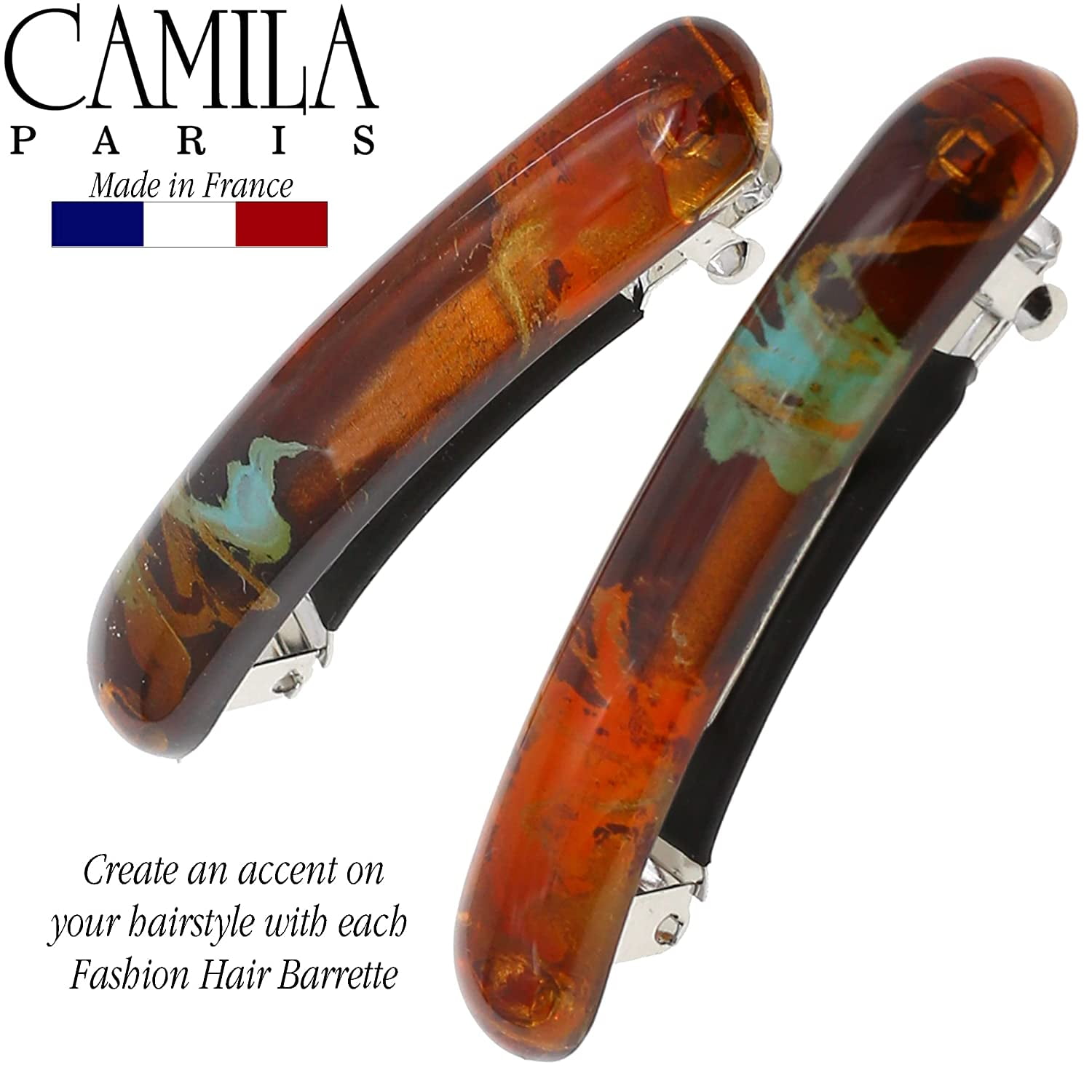 Camila Paris CP3328 French Hair Barrette Clip for Girls, Orange Small Set of 2 Strong Hold Grip Hair Clips for Women, No Slip Rubberized Automatic Clasp Styling Girls Hair Accessories, Made in France