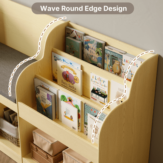 Aiho 66"Kids Bookshelf with Reading Nook , Toy Storage Organizer with 7 Cubes Bookcase & 4-Tier Book Racks & cushion, Toy Storage Organizer for Playroom Bedroom - Retro