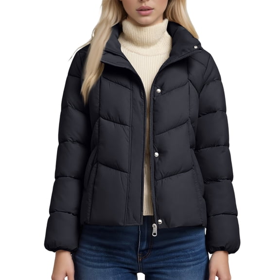 Women's Stand-up Collar Versatile Loose Warm Fashion Cotton Coat Black L