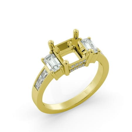 Emerald Semi Mount Ring - Cushion Semi Mount 3Stone Round Emerald Diamond Engagement Ring 18k Yellow Gold