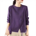 thumbnail image 2 of Craaazy Women Sweaters Slit Asymmetrical Hem Shirts Solid Color Long Sleeve Crew Neck Sweaters With Decor Button Gifts For Women, 2 of 4