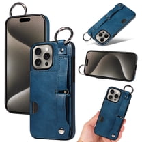 for iPhone 14 Pro Wallet Case with Card Holder, Hand Wrist Strap Loop Holder Kickstand, Finger Grip Ring PU Leather Double Buttons Shockproof Soft TPU Cover for iPhone 14 Pro, Blue