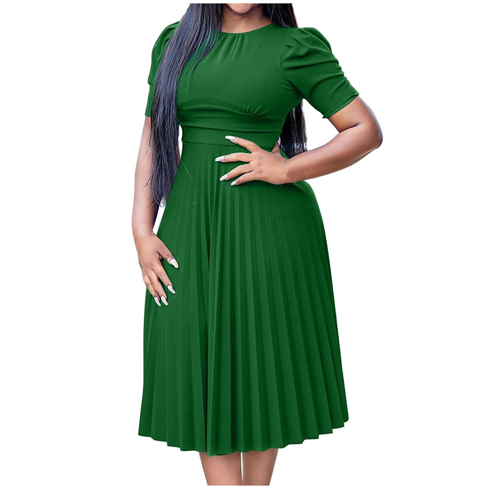 OSFVNOXV Work Dresses for Women Summer Bodycon Pleated Dresses Short Sleeve Crewneck Baby Doll Dresses for Seniors